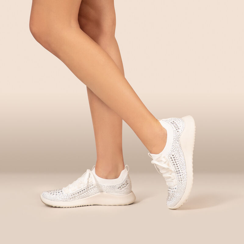 white sparkle stretchy knit sneaker on foot